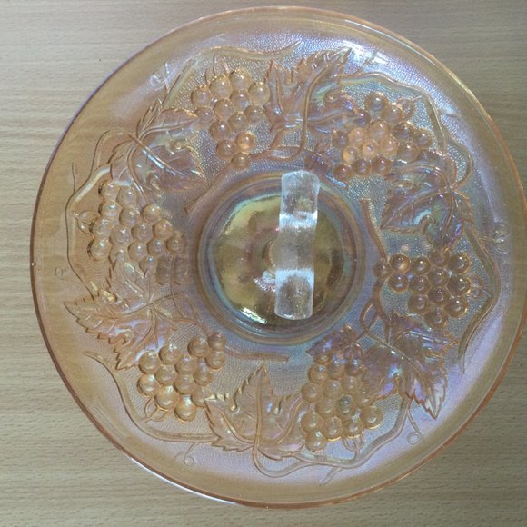 Vintage Carnival luster Glass serving tray plate with handle grapes motif Amber - Picture 5 of 7